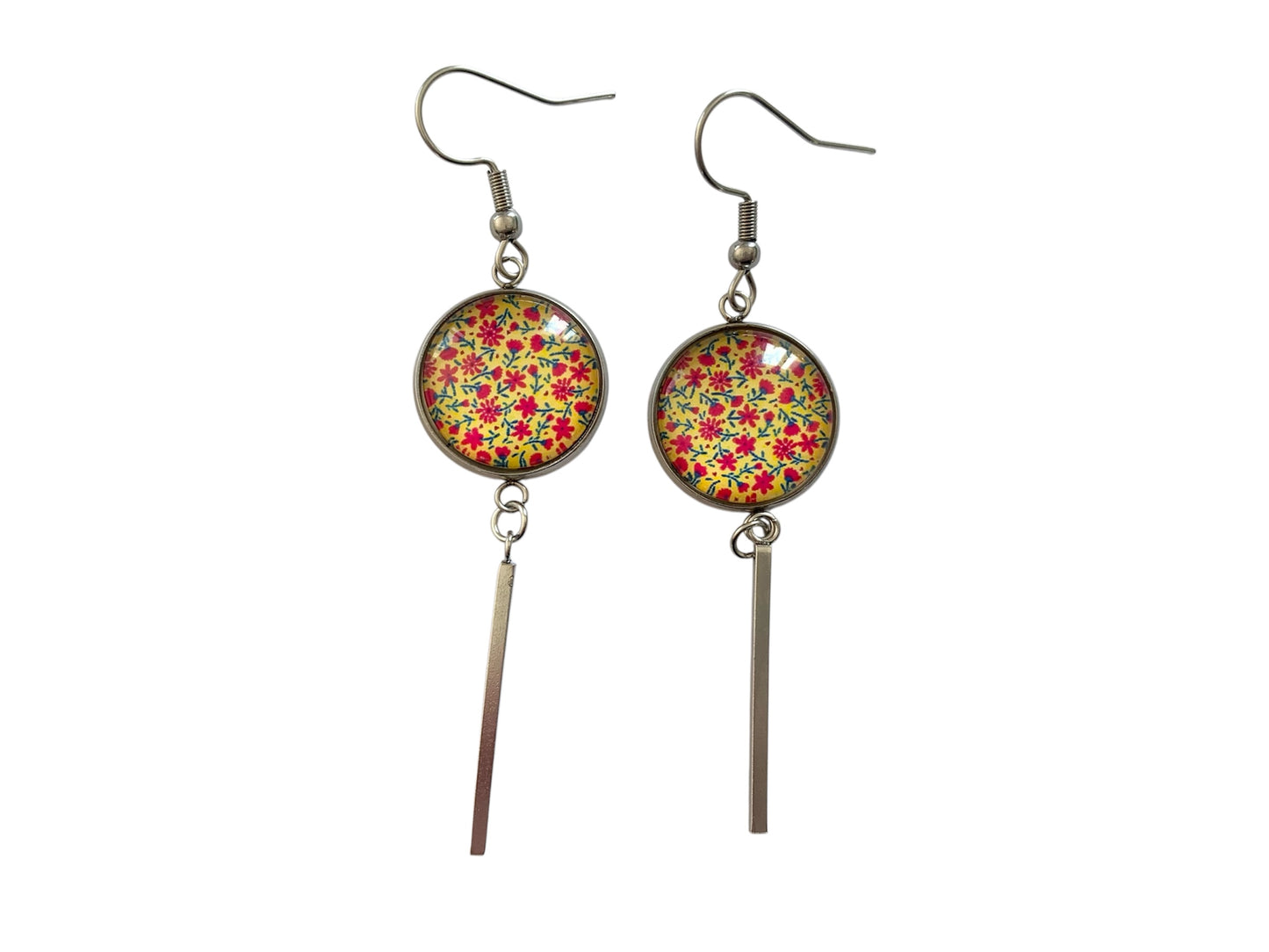Boucles d'oreilles cabochon, pendantes, argentées, rondes, petites fleurs