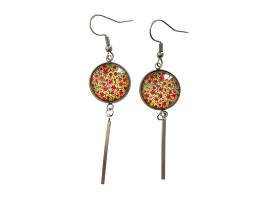 Boucles d'oreilles cabochon, pendantes, argentées, rondes, petites fleurs