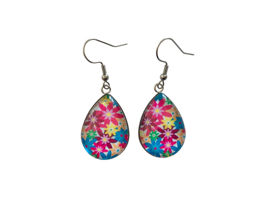 Boucles d'oreilles pendantes gouttes, argentées, fleurs colorées, cabochon verre