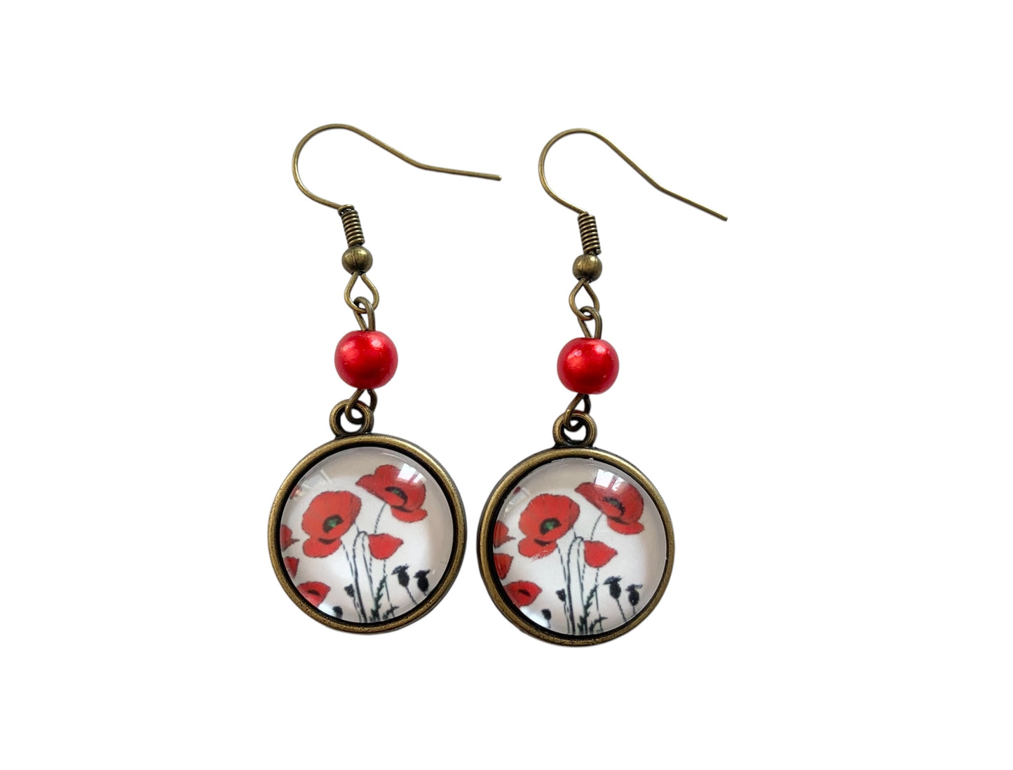 Boucles d'oreilles rondes, végétal, coquelicots rouges, cabochon verre