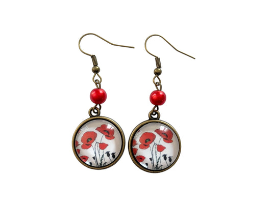 Boucles d'oreilles rondes, végétal, coquelicots rouges, cabochon verre