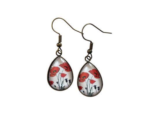 Boucles d'oreilles pendantes gouttes, argentées, fleurs, coquelicots, vintage, cabochon verre