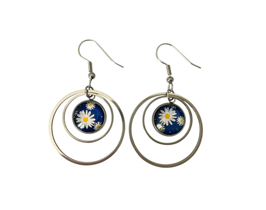 Boucles d'oreilles pendantes cabochon, anneaux, rondes, fleurs, pâquerettes