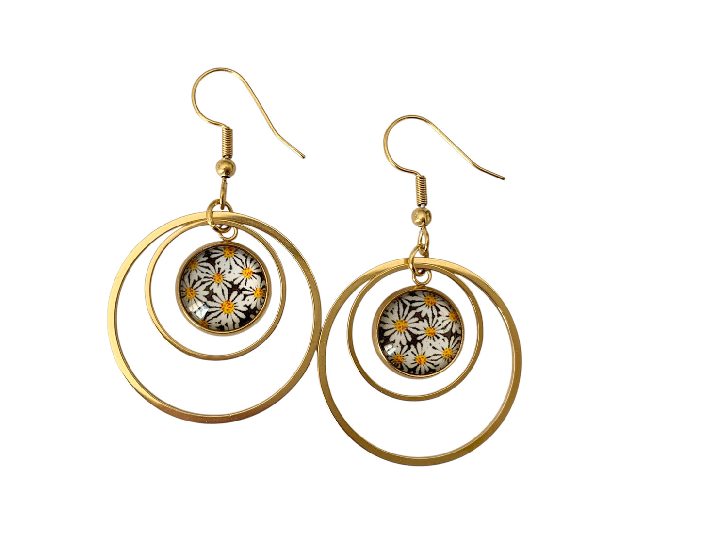 Boucles d'oreilles pendantes cabochon, anneaux, rondes, fleurs, pâquerettes