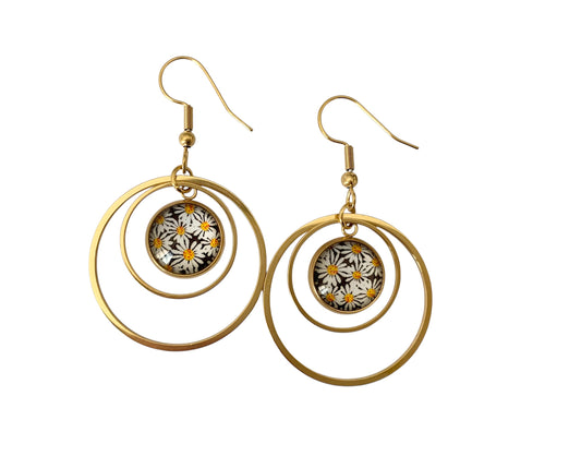 Boucles d'oreilles pendantes cabochon, anneaux, rondes, fleurs, pâquerettes