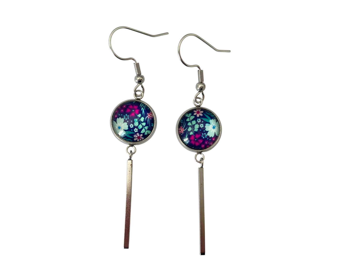 Boucles d'oreilles cabochon, pendantes, argentées, rondes, petites fleurs