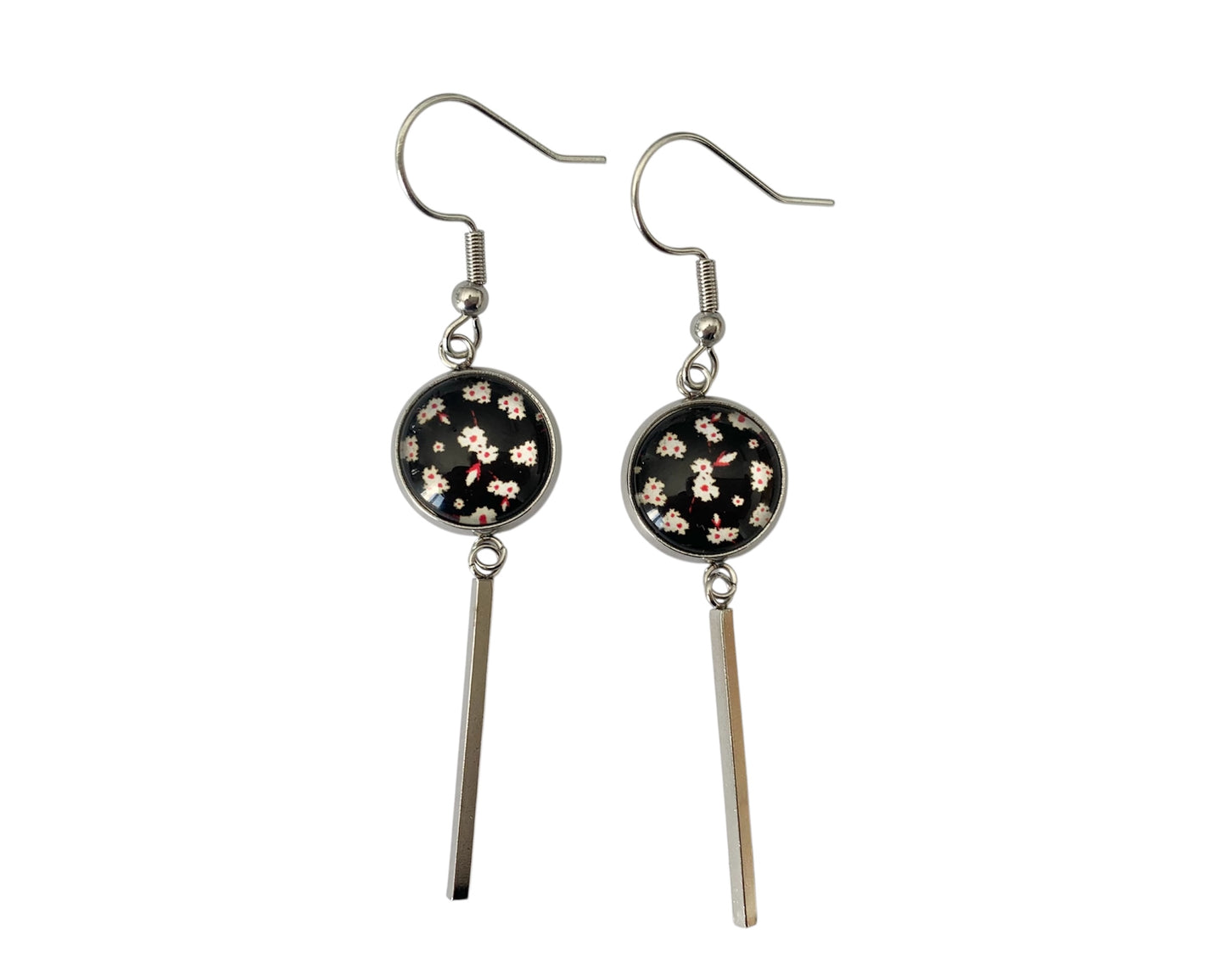 Boucles d'oreilles cabochon, pendantes, argentées, rondes, petites fleurs