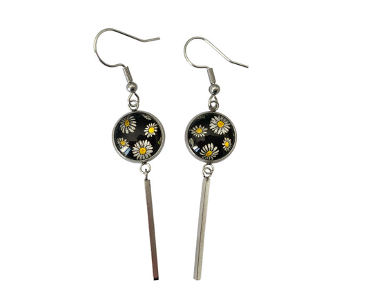 Boucles d'oreilles cabochon, pendantes, argentées, rondes, petites fleurs, pâquerettes
