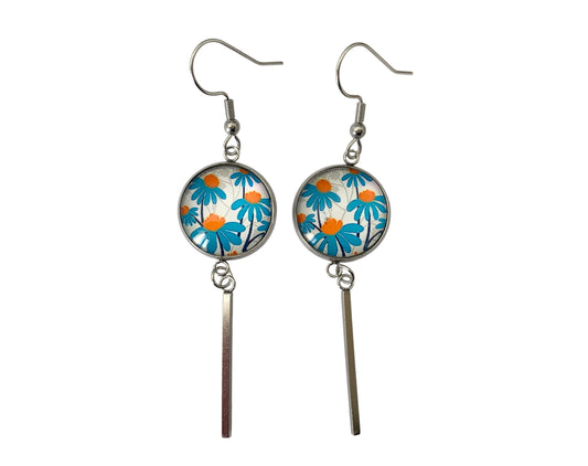 Boucles d'oreilles cabochon, pendantes, argentées, rondes, petites fleurs pâquerettes