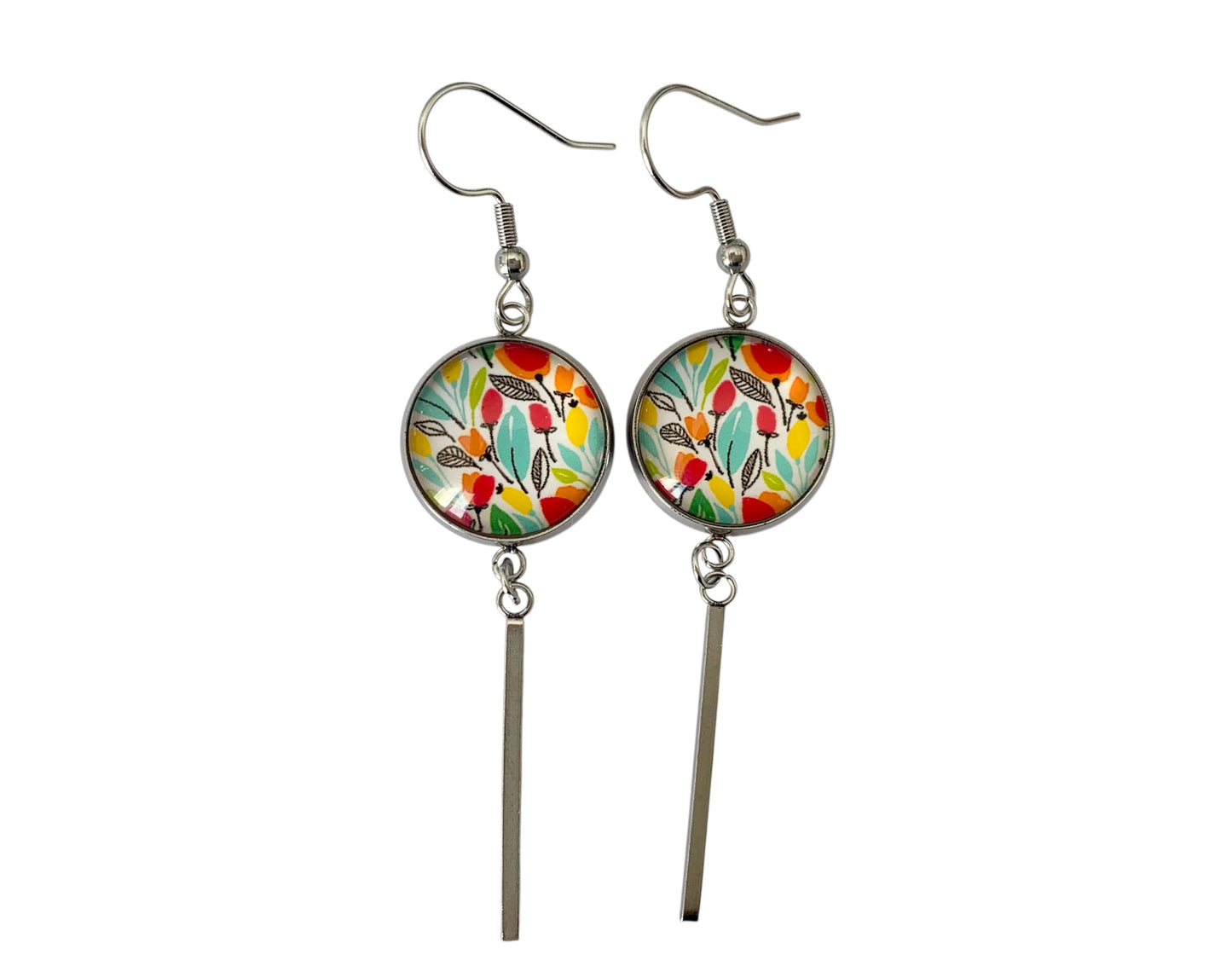 Boucles d'oreilles cabochon, pendantes, argentées, rondes, motif végétal, feuillage