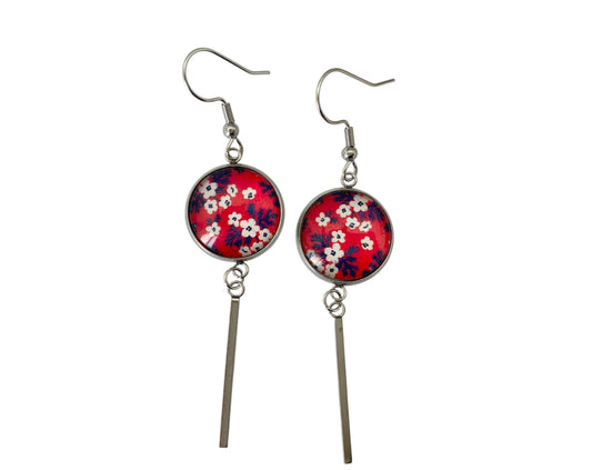 Boucles d'oreilles cabochon, pendantes, argentées, rondes, fleurs
