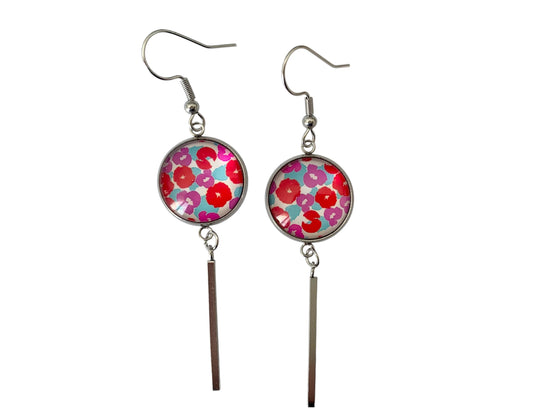 Boucles d'oreilles cabochon, pendantes, argentées, rondes, fleurs