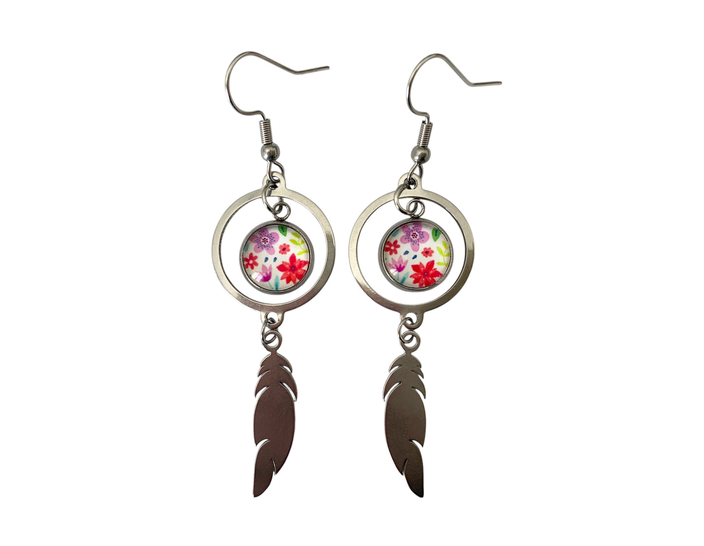 Boucles d'oreilles pendantes cabochon, anneaux, rondes, fleurs et plumes argentées