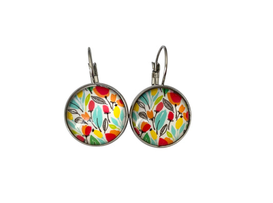 Boucles d'oreilles cabochon, dormeuses, argentées, rondes, feuillage, cabochon verre