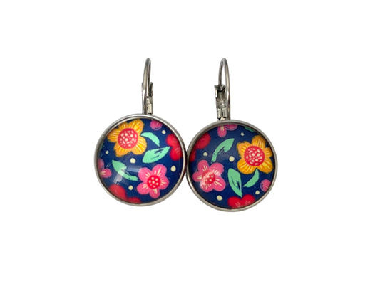 Boucles d'oreilles cabochon, dormeuses, argentées, rondes, fleurs, cabochon verre