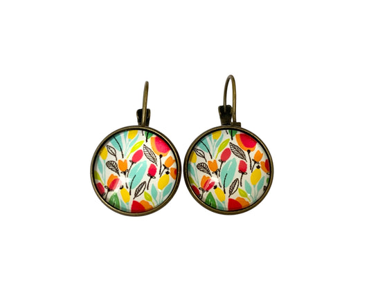 Boucles d’oreilles cabochon dormeuses, esprit végétal, fleurs, bronze