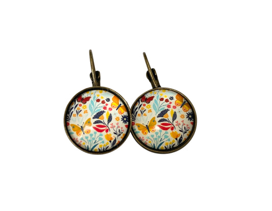 Boucles d’oreilles cabochon dormeuses, esprit végétal, fleurs, bronze