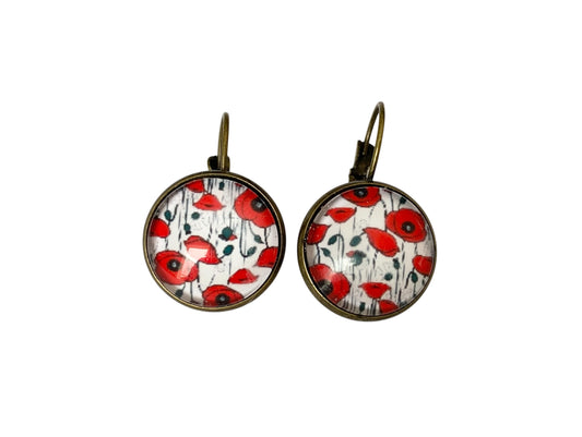 Boucles d’oreilles cabochon dormeuses, fleurs, romantique, coquelicots