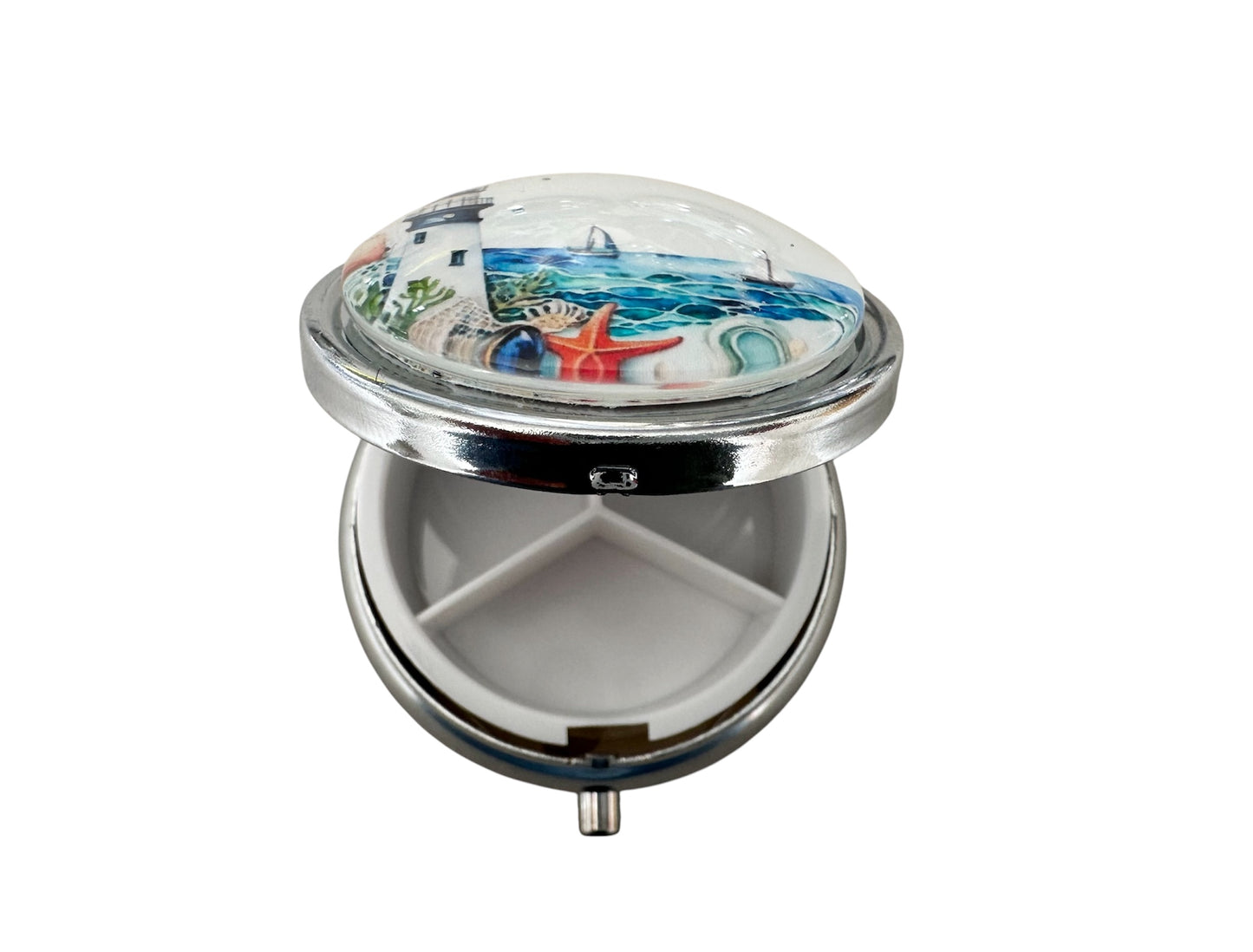 Pilulier de poche, voyage, pour sac à  main, décor marin phare et mer, boîte à pilules, médicaments, cabochon en verre