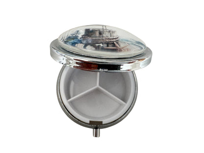 Pilulier de poche, voyage, pour sac à  main, décor marin mouette et mer, boîte à pilules, médicaments, cabochon en verre