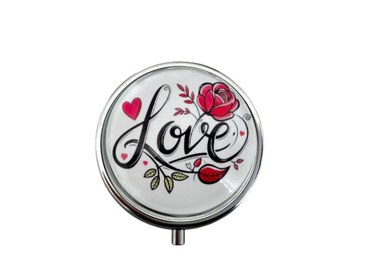 Pilulier de poche, voyage, pour sac à main, décor fleurs love, boîte à pilules, médicaments, cabochon en verre