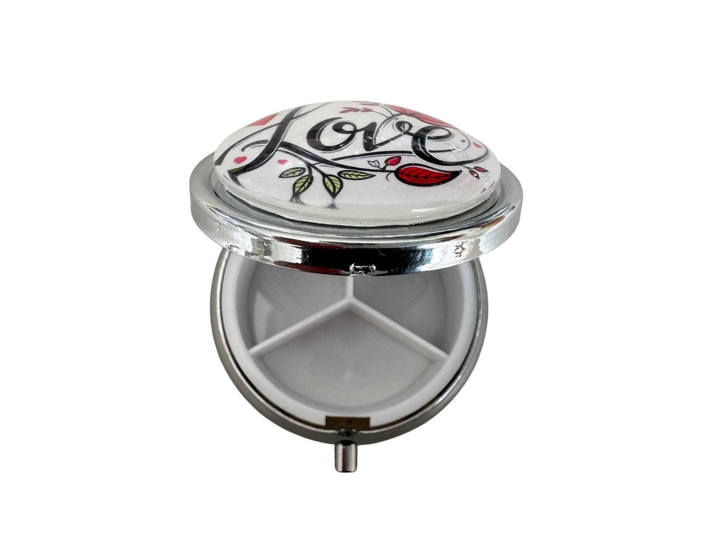 Pilulier de poche, voyage, pour sac à main, décor fleurs love, boîte à pilules, médicaments, cabochon en verre
