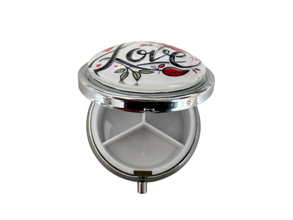 Pilulier de poche, voyage, pour sac à main, décor fleurs love, boîte à pilules, médicaments, cabochon en verre