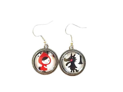 Boucles d’oreilles cabochon pendantes, argentées, petit chaperon rouge et loup, vintage, cabochon verre