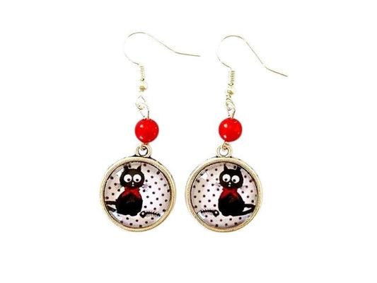 Boucles d'oreilles rondes, chat, cabochon verre