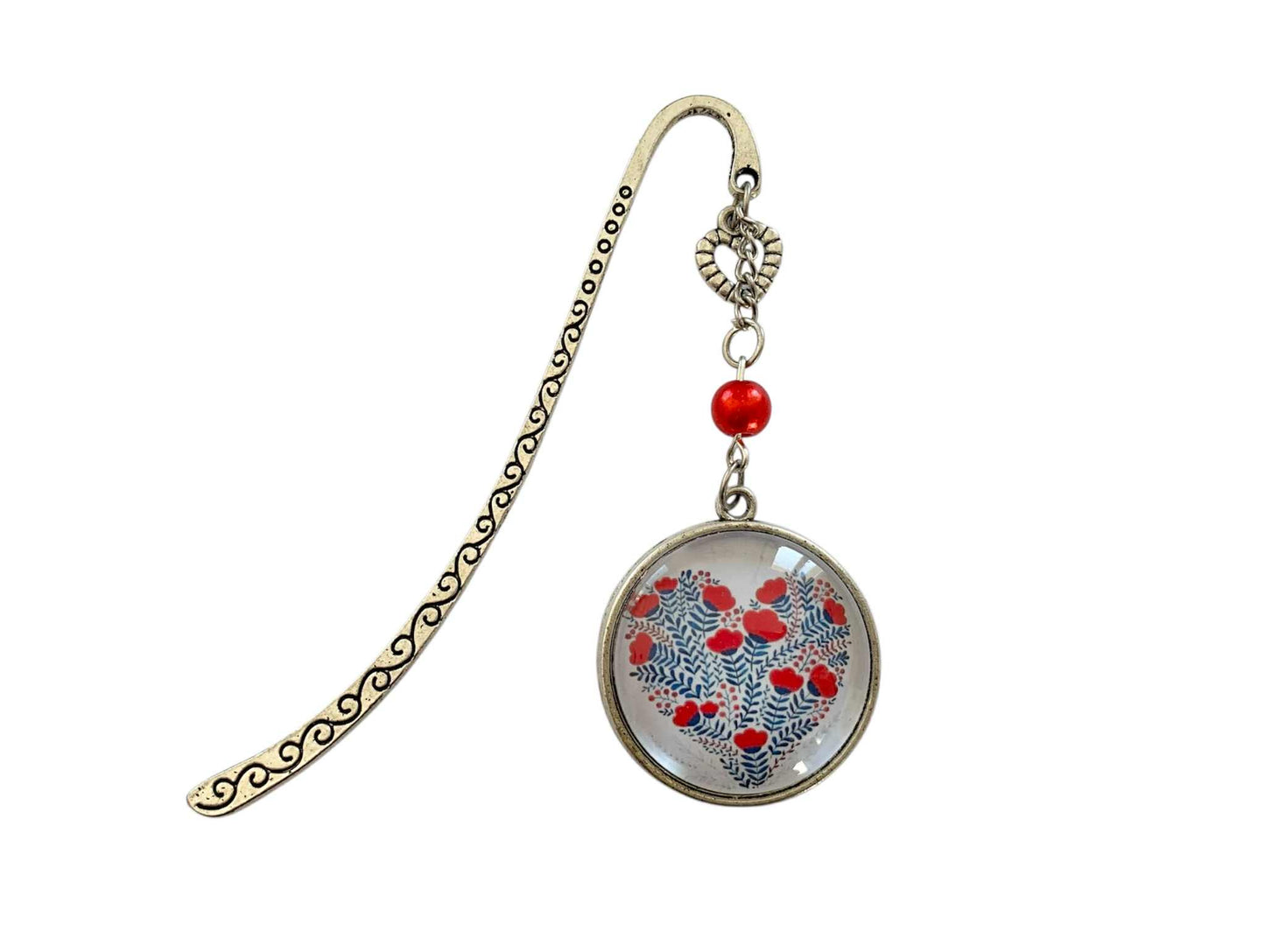 Marque page cabochon en verre,  coeur végétal et fleurs rouges