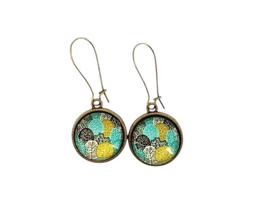 Boucles d'oreilles cabochon pendantes , arbres, cabochons verre, cadeau bijou, cadeau pour elle, boucles d'oreilles colorées femme