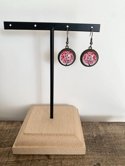 Boucles d'oreilles pendantes, bronze, arbre de vie coeurs, cabochons verre