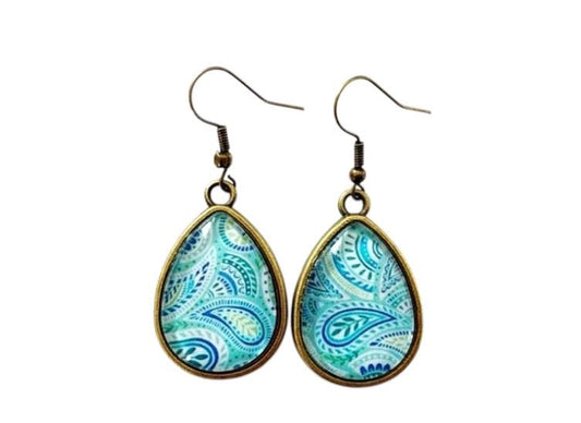 Boucles d’oreilles cabochon bronze, gouttes, esprit bohème, arabesque, tendance, cabochon verre