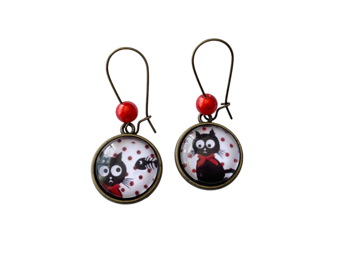 Boucles d'oreilles cabochon pendantes, bronze, chat et poisson, cabochon verre