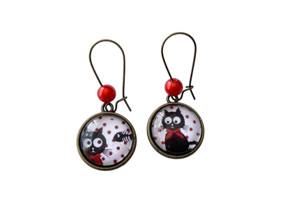 Boucles d'oreilles cabochon pendantes, bronze, chat et poisson, cabochon verre