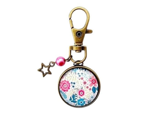 Porte clé, bijou de sac,  fleurs, champêtre,  cabochon verre