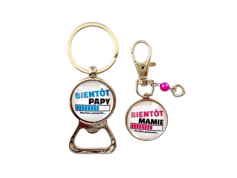 Annonce naissance, duo de porte clé décapsuleur papy, mamie