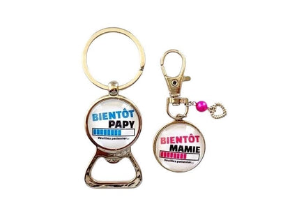 Annonce naissance, duo de porte clé décapsuleur papy, mamie