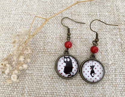 Boucles d'oreilles rondes, chat et poisson, cabochon verre