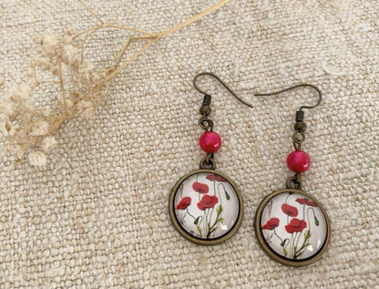 Boucles d'oreilles rondes, végétal, coquelicots rouges, cabochon verre