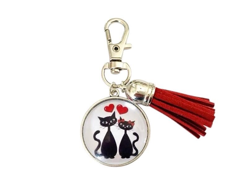 Porte clé, bijou de sac,  chats cœurs, cabochon verre