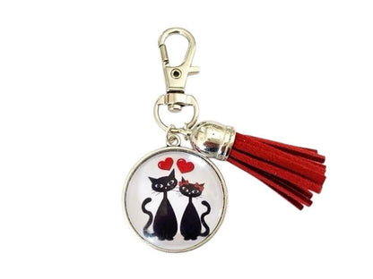 Porte clé, bijou de sac,  chats cœurs, cabochon verre