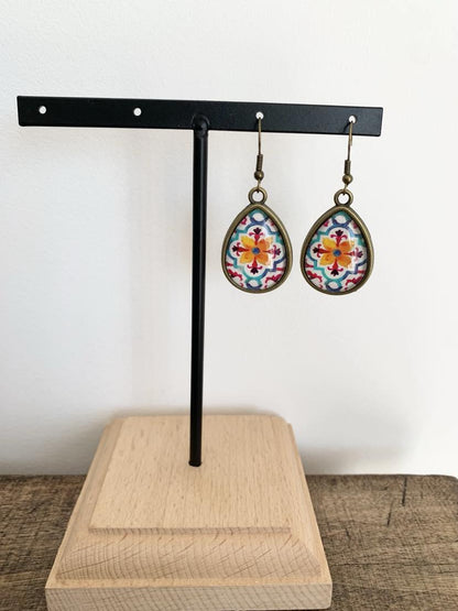 Boucles d’oreilles cabochon bronze, gouttes, esprit indien, bohème, russe
