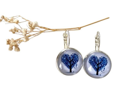 Boucles d’oreilles cabochon dormeuses, arbre de vie coeur, argentées