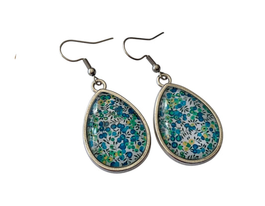 Boucles d'oreilles pendantes gouttes, argentées, fleurs, vintage, cabochon verre