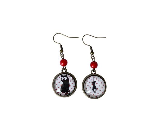Boucles d'oreilles rondes, chat et poisson, cabochon verre