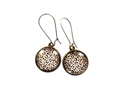 Boucles d'oreilles cabochon pendantes, bronze, motif léopard, cabochon verre