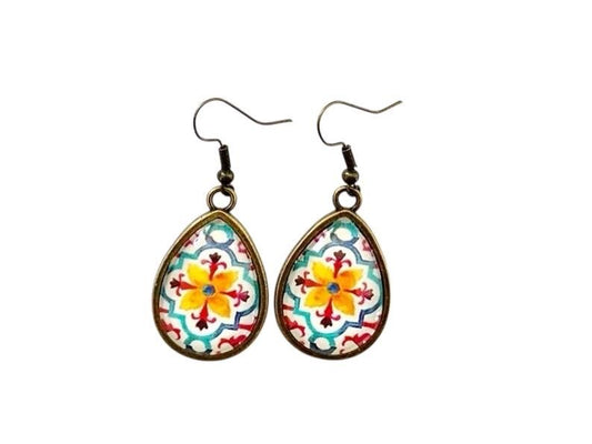 Boucles d’oreilles cabochon bronze, gouttes, esprit indien, bohème, russe