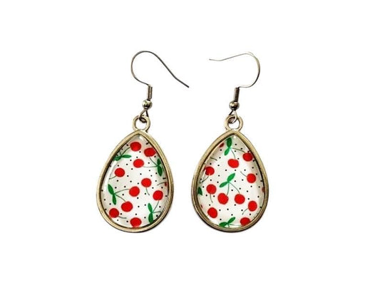 Boucles d'oreilles pendantes gouttes, argentées, cerises, cabochon verre