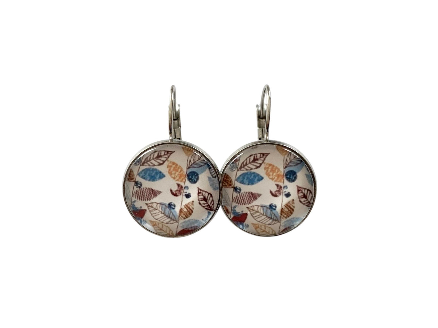 Boucles d'oreilles cabochon, dormeuses, argentées, rondes, feuillage, automne, cabochon verre